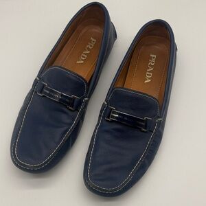 Prada Blue Saffiano Leather Slip On Loafers Size 10 1/2 Silver Tone Hardware